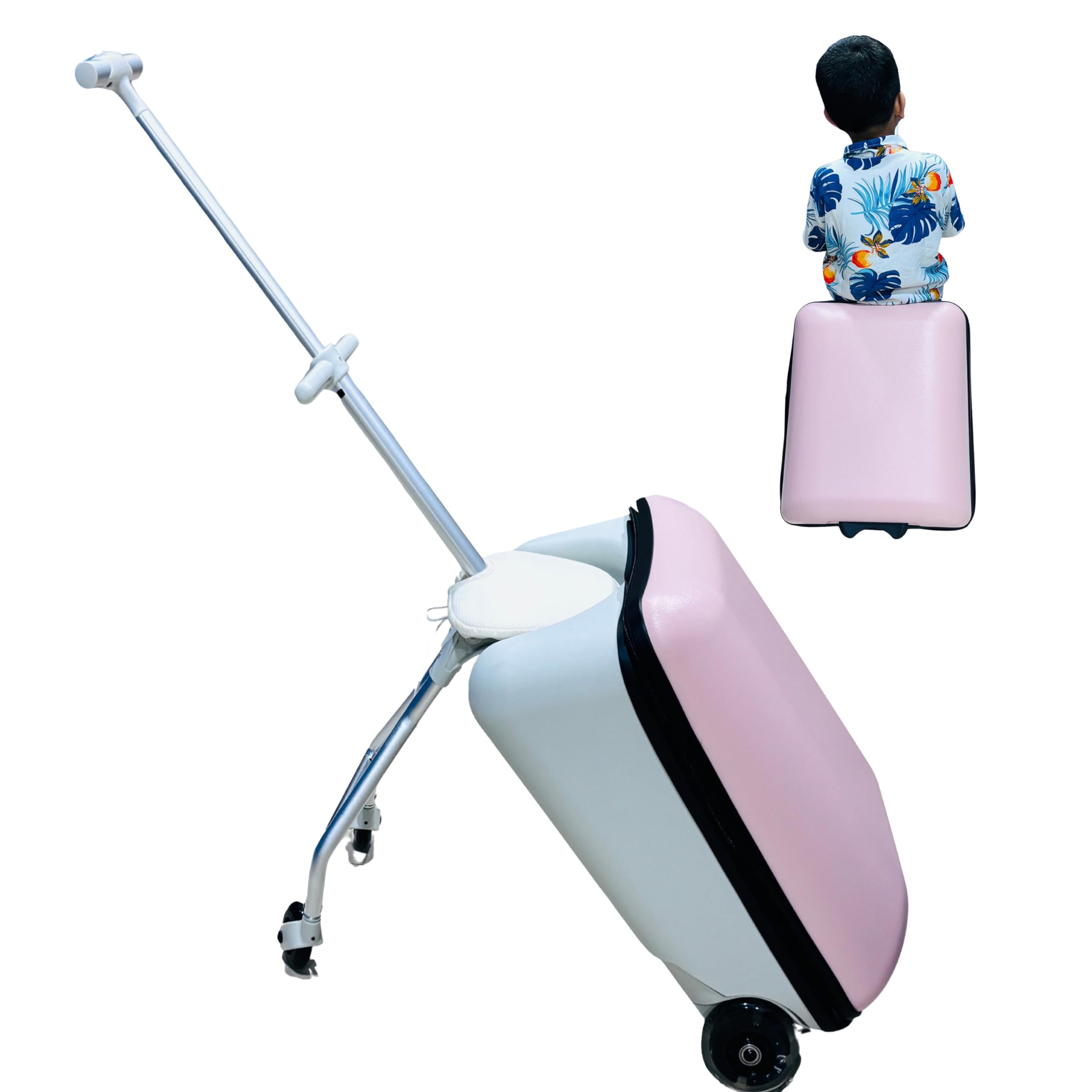 MOM CARE Ride On Cabin Suitcase Hard Shell with Child Seat, Aged 3+ Years or 50kg, Large Opening Capacity 22 L, Multiple Compartments Luggage Strong Trolley and Wheel Pink-picture-55