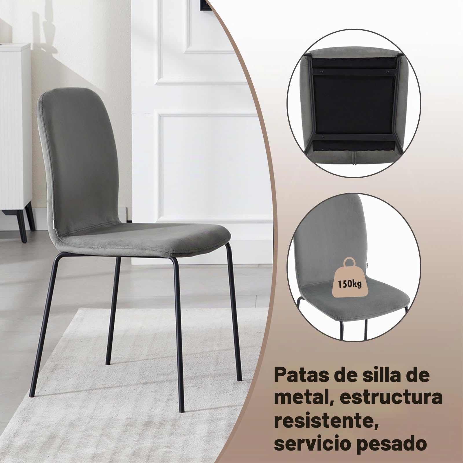WOLTU Juego de 4 Sillas de Comedor, Terciopelo,Gris Oscuro | Salón y Dormitorio, Asiento Acolchado y Patas de Metal