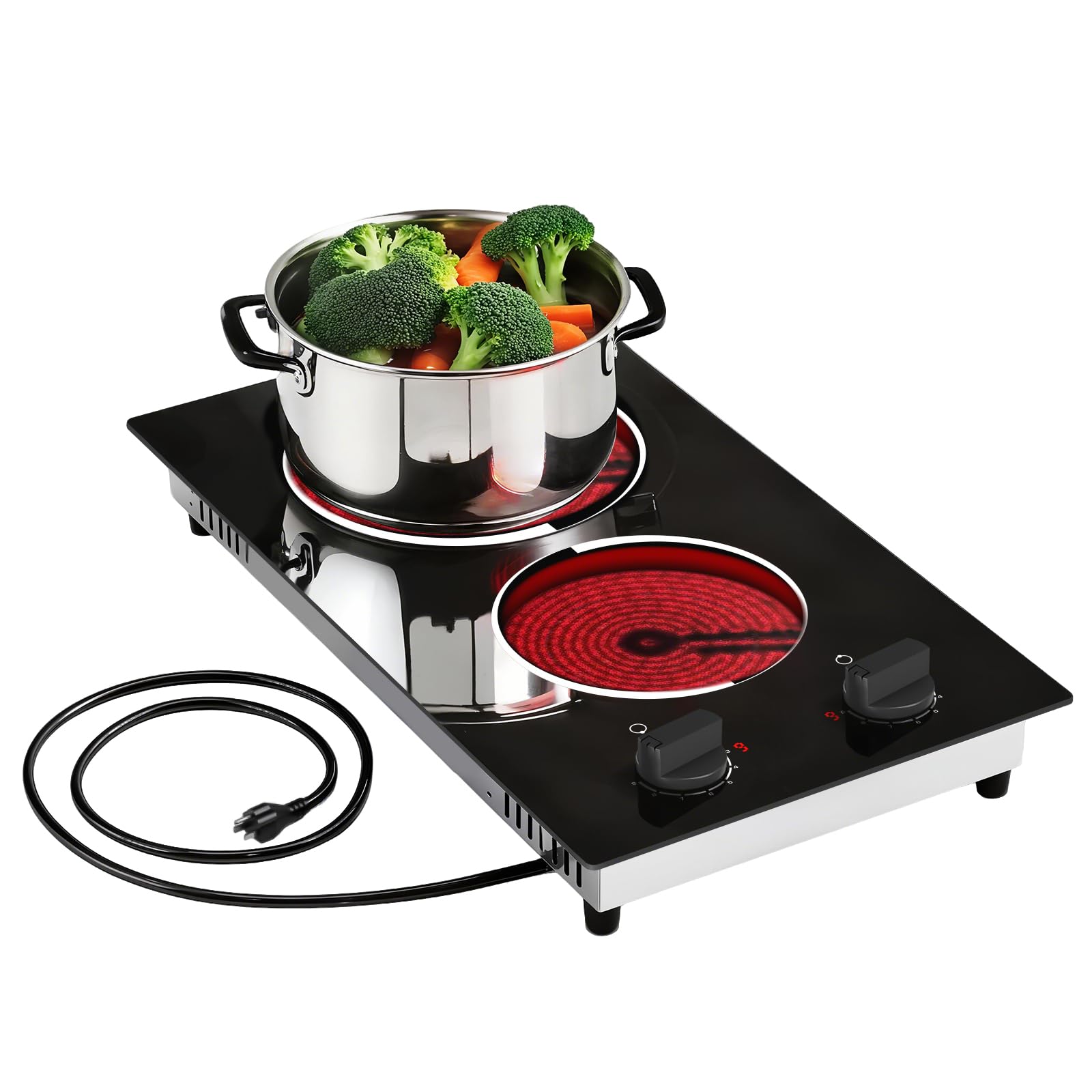 Jessier 2 Burner Electric Cooktop - 12 Inch Plug in Portable 110V Electric Cook Top Two Burner, Built-in & Countertop Ceramic Stove Top with Knob Control, 9 Power Levels and Overheat Protection