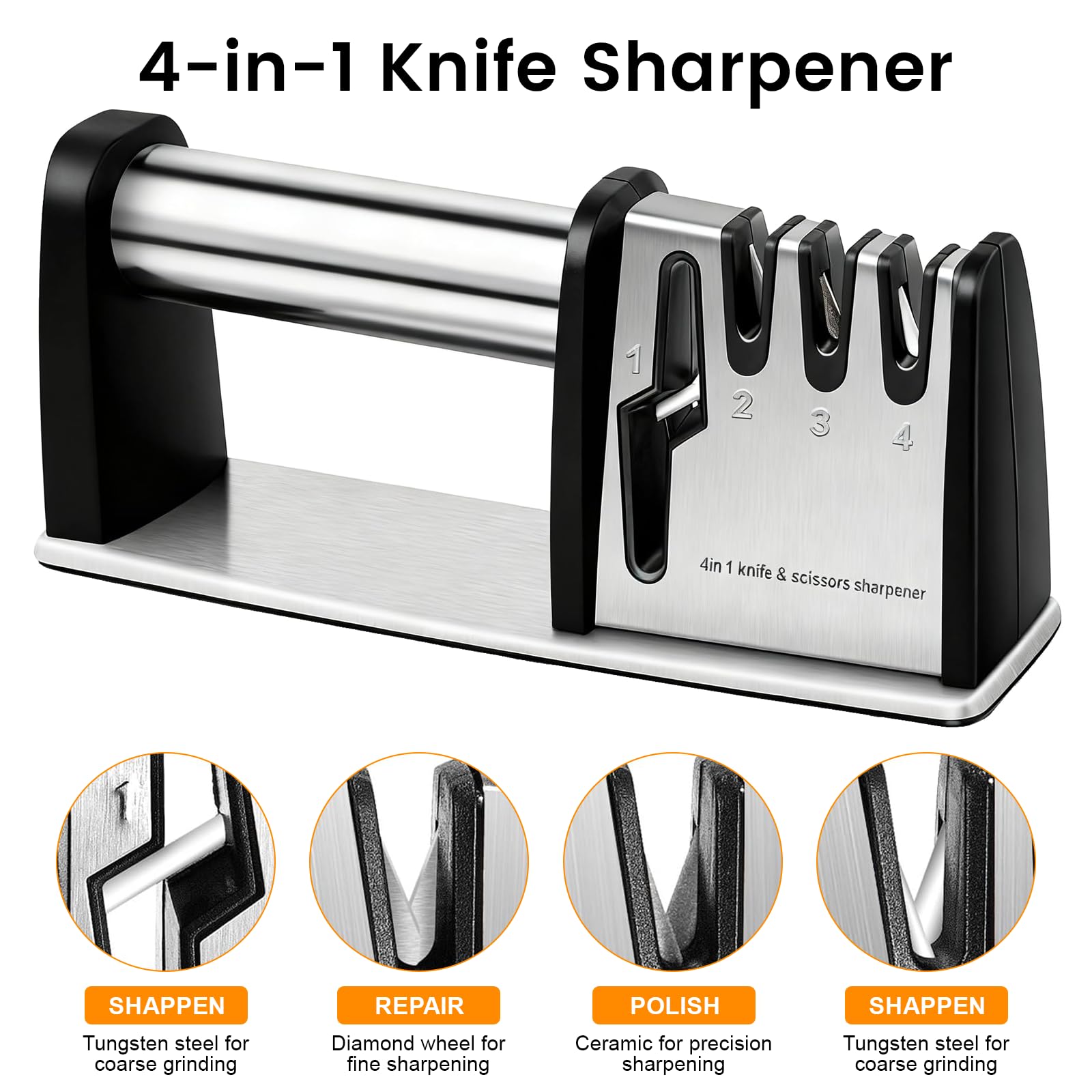 Affilacoltelli Professionale, Affilatore per Coltelli, Affila Forbici, Lima Coltelli, 4 in 1 Affilatore Multifunzione, per Coltelli da Cucina, Coltelli da Lavoro, Forbici