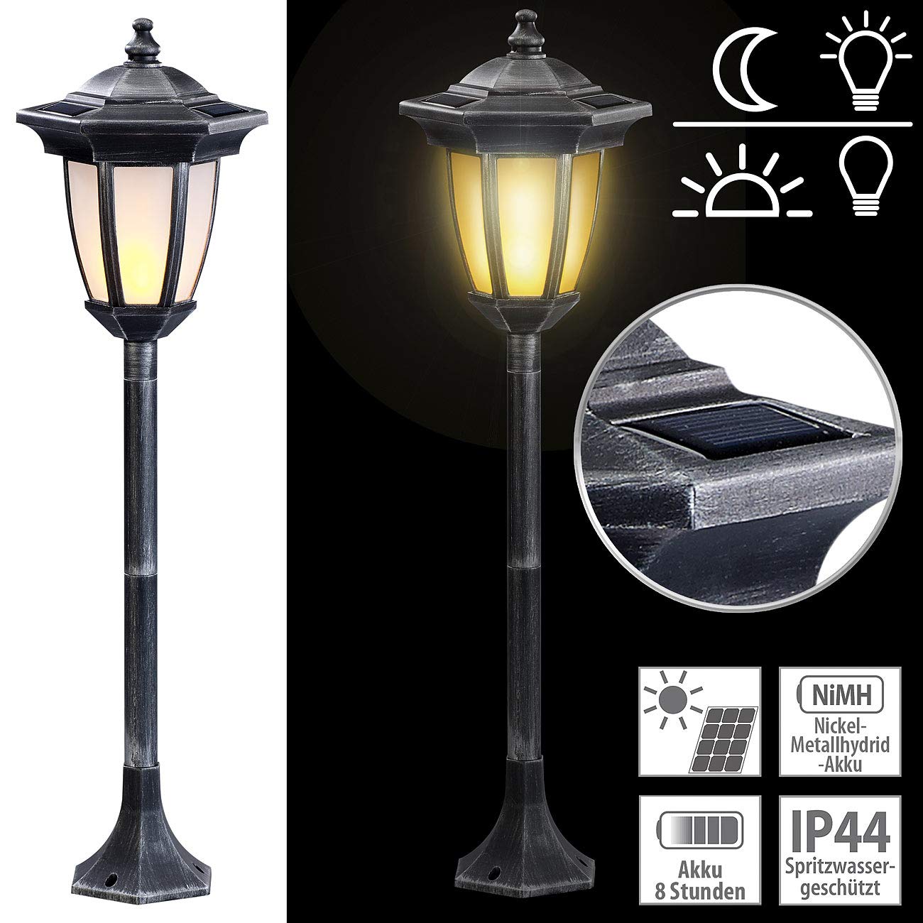 Lunartec Standlaterne Garten: 2er-Set Solar-LED-Standlaterne mit Flammeneffekt, 64 cm Höhe, IP44 (Solar Garten, Lampe, Flamme)