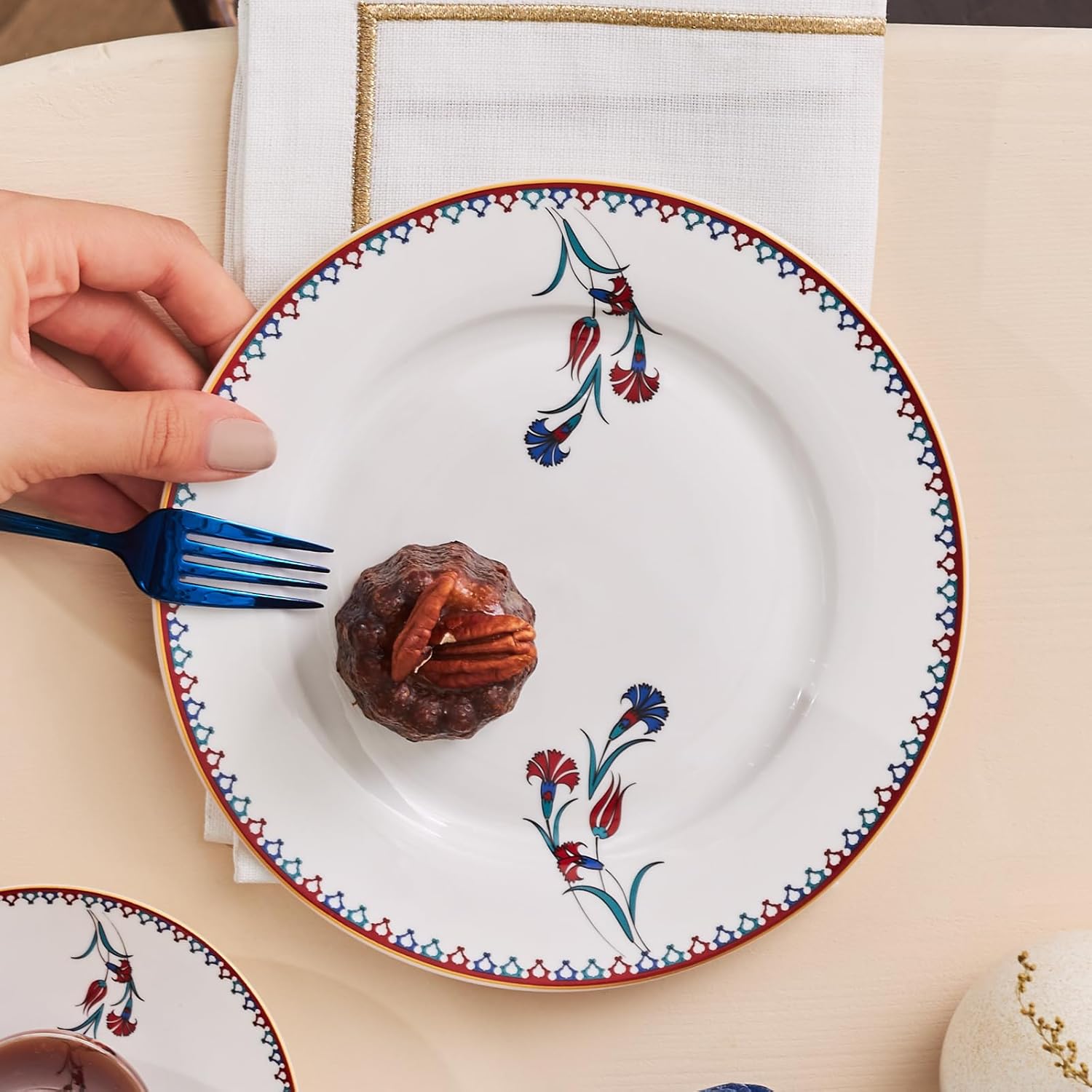 Karaca Nakkas 18 Piece Turkish Teacups & Appetizer Plate Set for 6 People - Colorful Dessert Plates (7.4"), Small Turkish Tea Glasses with Saucers - Glass Tea Cups & Porcelain Dish Set