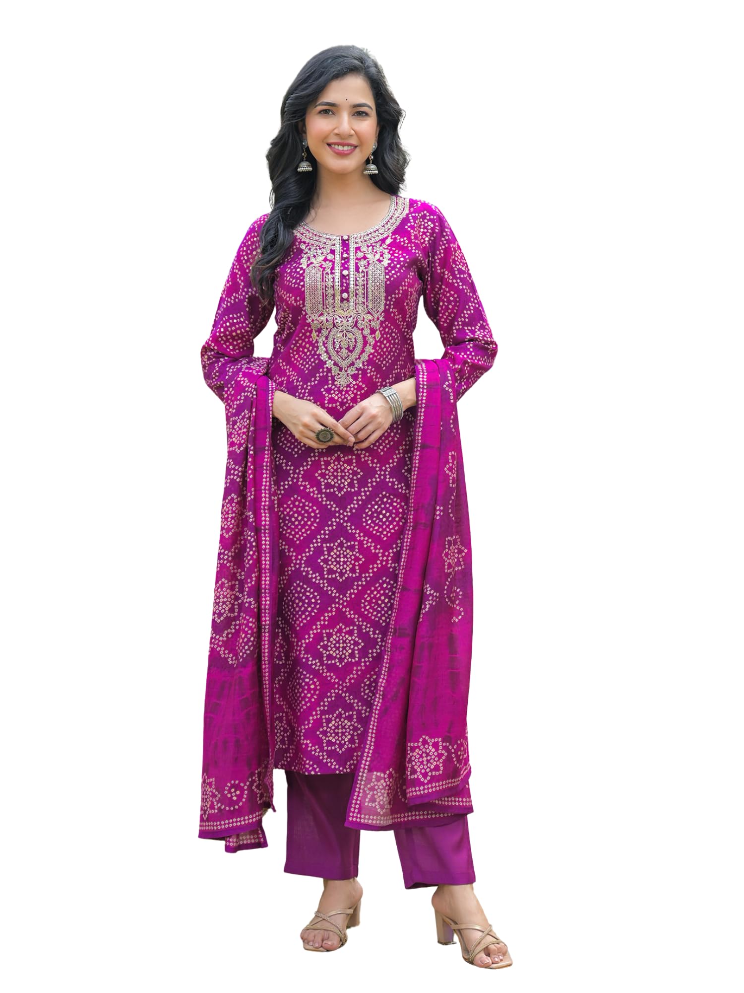Women's Purple Silk Blend Embroidered Straight Bandhani Kurta Trousers With Dupatta Set | Festive Straight Kurta Set For Women | Bandhani Salwar Suit For Women-image-4