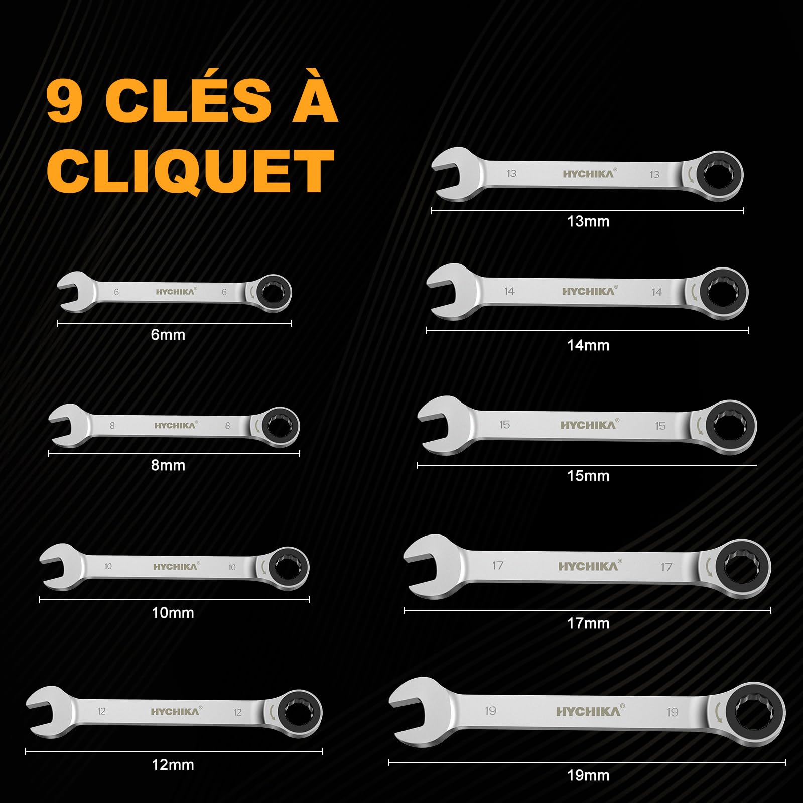 HYCHIKA Cle Plate a Cliquet, Clé Plate 6-19 mm Métrique, 72 Dents 5° Angle Reprise Clés Mixtes à Cliquet en Acier Chrome-vanadium avec Sac de Rangement, Cle Plate 9 Pièces pour Réparation Domestique