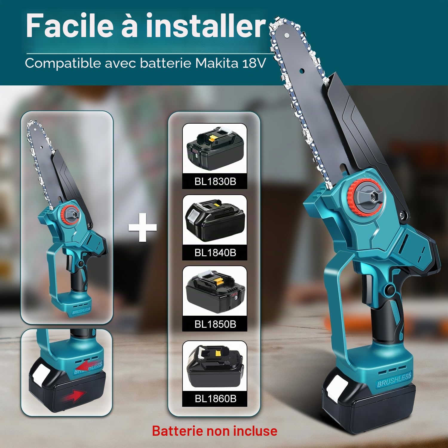 Mini tronçonneuse pour batterie Makita 18 V, 1200 W, sans balai, électrique de 1200 W, tronçonneuse sans fil, pour sécateur, coupe du bois (piles non incluses)