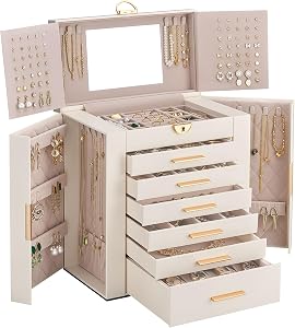Lolalet Large Jewelry Box, 7-Layer Jewelry Organizer with 6 Drawers -Beige
