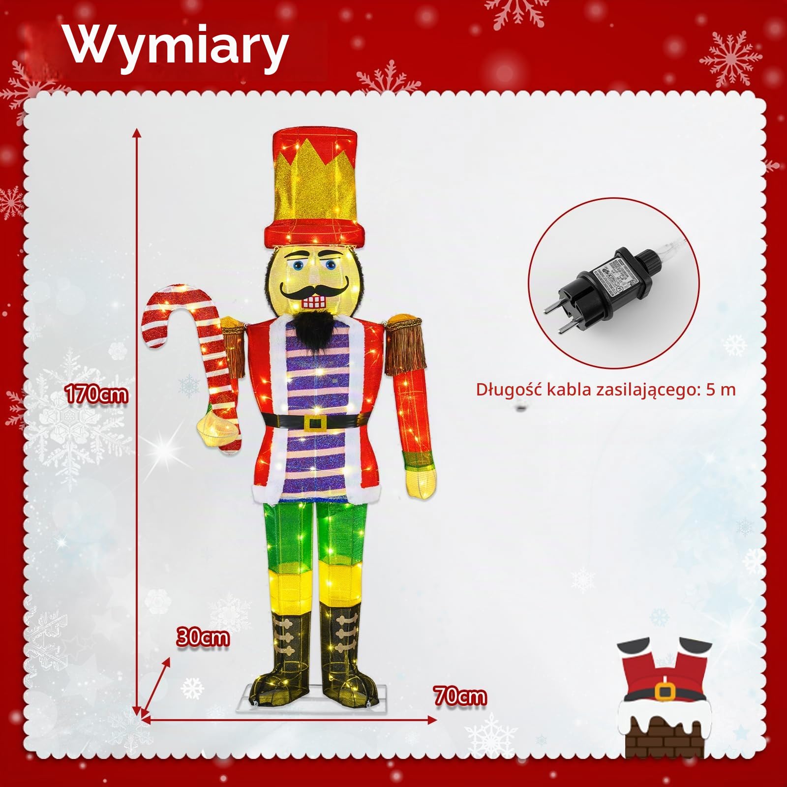 GOPLUS Bożonarodzeniowa figurka dziadka do orzechów, duża, podświetlana dekoracja bożonarodzeniowa XXL, 170 cm, figurka bożonarodzeniowa ze światłami LED, dekoracja bożonarodzeniowa z laską cukrową