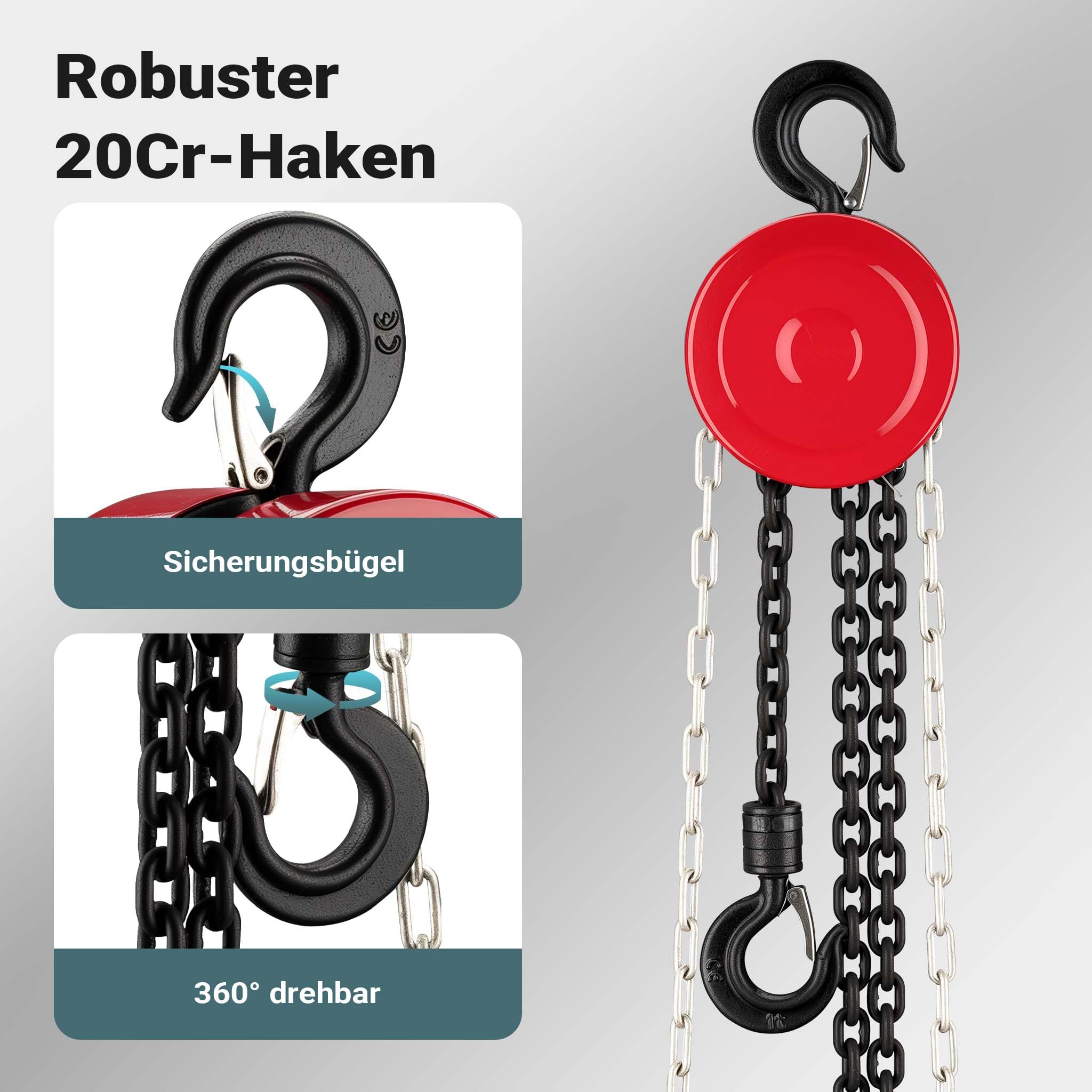 Wiltec Kettenzug mit 1000kg Traglast und 3 m Kettenlänge, einfaches Lastenheben, Flaschenzug, Seilzug, Handkran, Handseilwinde u.a. für Forst und Werkstatt