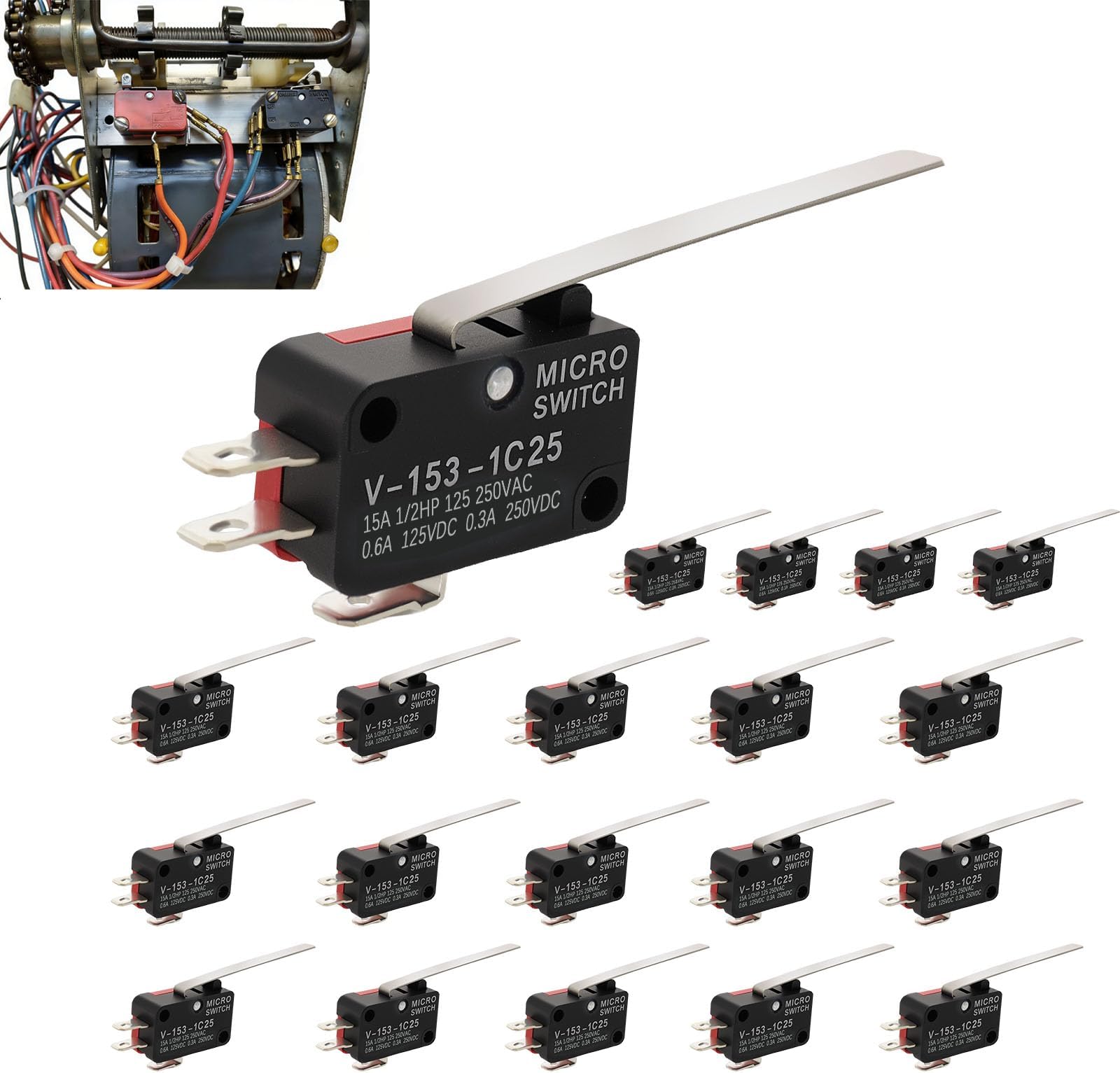 20PCS Micro Limit Switch with Long Straight Hinge Lever V-153-1C25, SPDT 1NO 1NC Lead Terminals, Snap Action, for Industrial Automation, CNC & DIY Applications