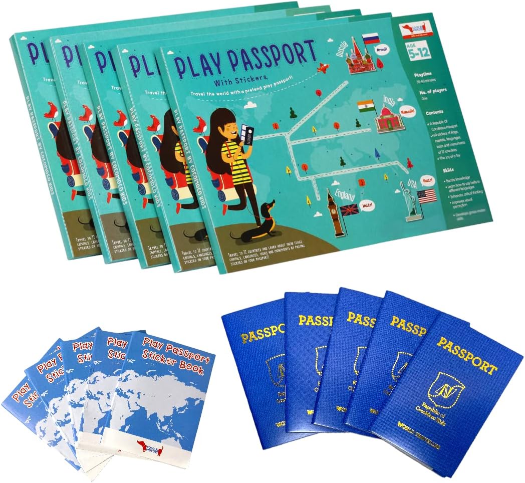 CocoMoco Kids Return Gift Combo Pack for Kids Birthday - 5 Pieces of Play Passport Activity Kit with Flags, Monuments, Capitals, Languages STEM Educational Toy (Multiple) (Pack of 5)