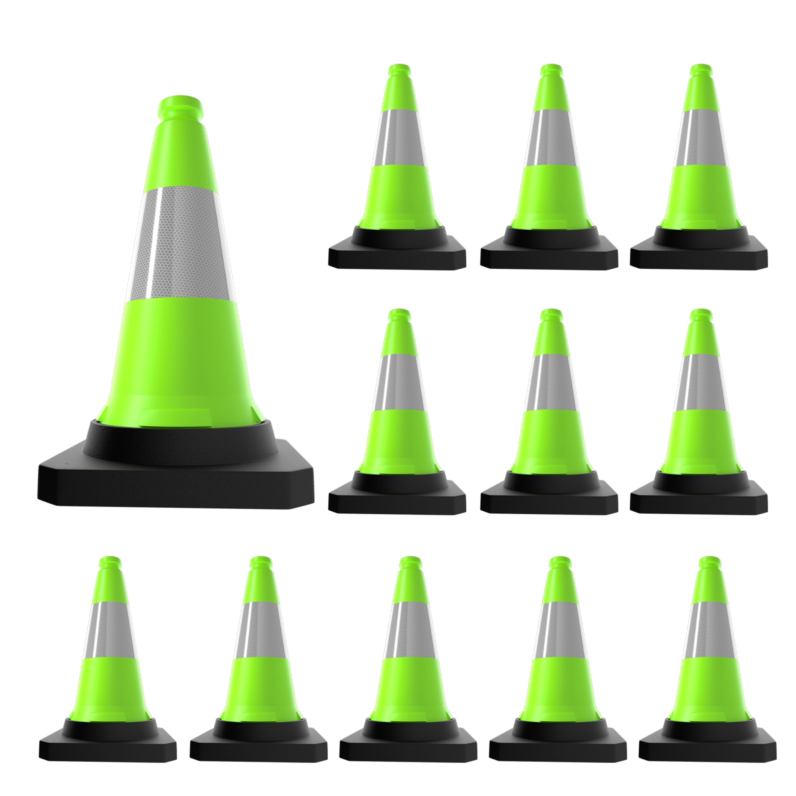 Berry 50CM Traffic Cone - Green | High Visibility Safety Cone with Black Base | Wind Resistant Reflective Traffic Cone | 20Inch PE Portable Road Cone for Street, Driveway & Parking Safety - 12 Cones