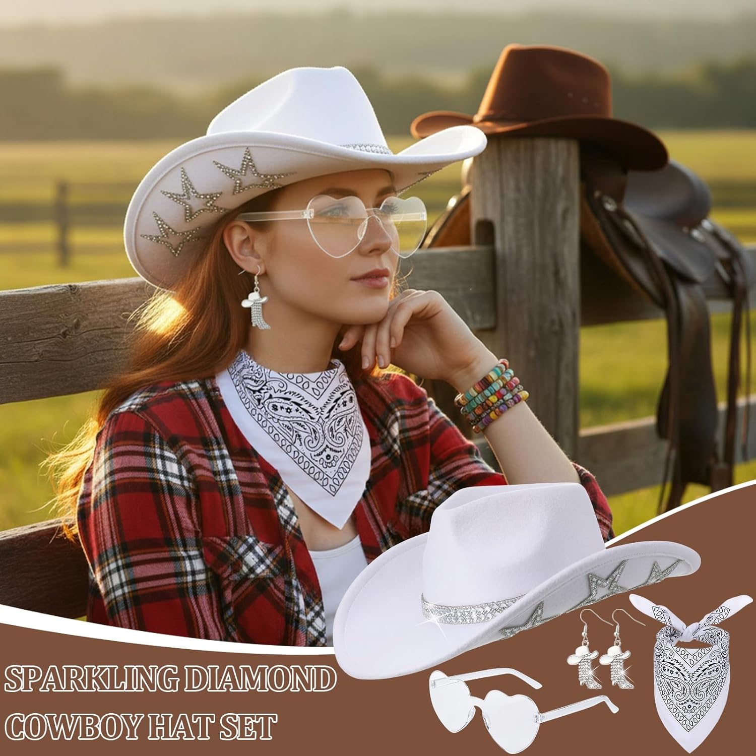 White Cowboy Hat for Women Men with Sparkly Stars Felt Cowgirl Hat with Heart Sunglasses,Bandana and Earrings