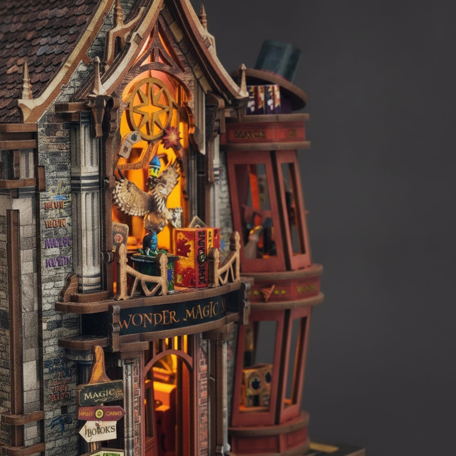 Casa en Miniatura con Luces Maqueta Kit Ornamento Madera Decorativo y Base Estable Adecuada para Escritorio Estantería Rincón de Lectura