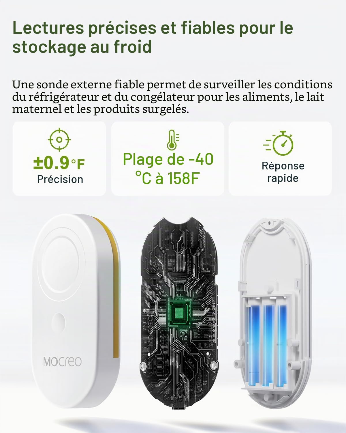 MOCREO Thermomètre WiFi pour réfrigérateur avec alarme de congélateur, alerte e-mail, notification d'application, enregistrement de données, exportation, sans frais d'abonnement, 2 capteurs de