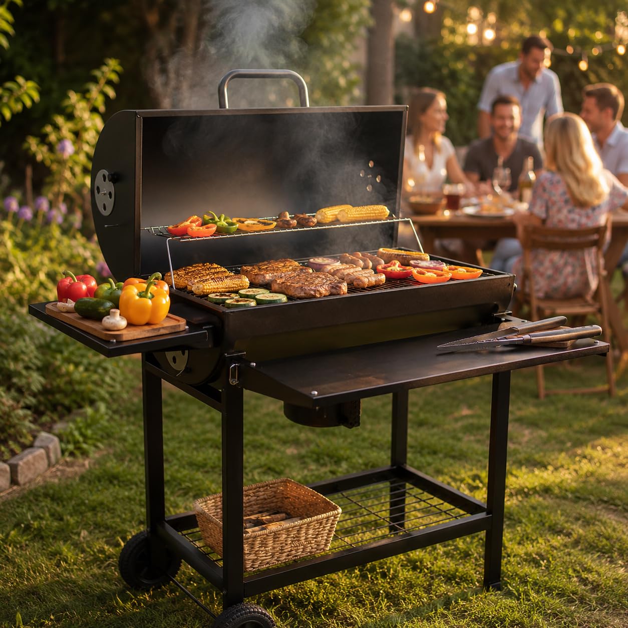Profi Smoker Grill Holzkohle Grillwagen XL 103x110x59 cm, schwarzer BBQ Standgrill aus Stahl mit Deckel, Grillrost, Warmhalterost, Aschebehälter, Ablagen, Luftregulierung & Rädern für Garten Party