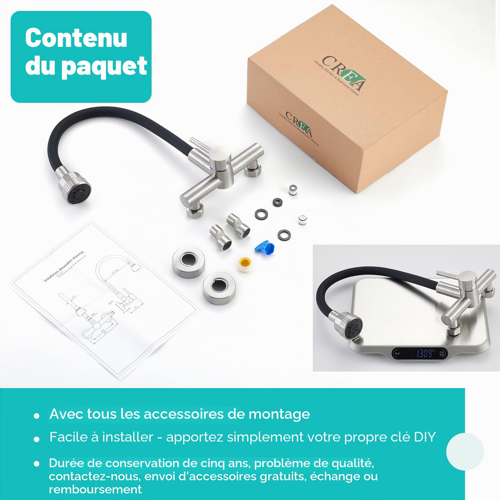 CREA Mural Robinet D'évier de Cuisine 360° Flexible avec Pulvérisateur Quatre Fonction, Mitigeur Monocommande avec Tuyau en Silicone Noir