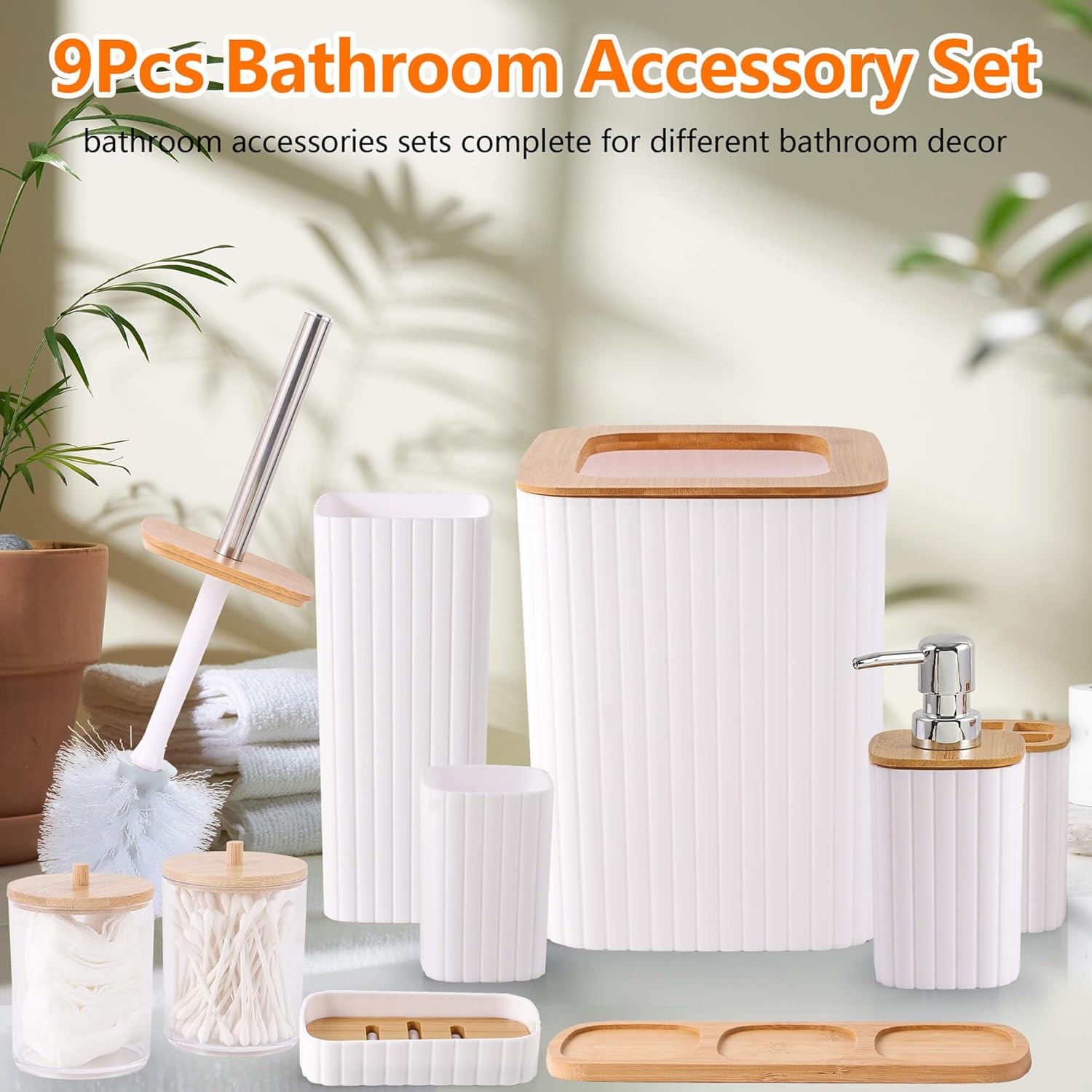 Bathroom Accessory Set,10 Pieces White Bathroom Accessories Set with Trash Can, Tissue Box Cover, Toothbrush Holder, Soap Dispenser, Tumbler, Vanity Tray, Soap Dish, Toilet Brush, Qtip Holder