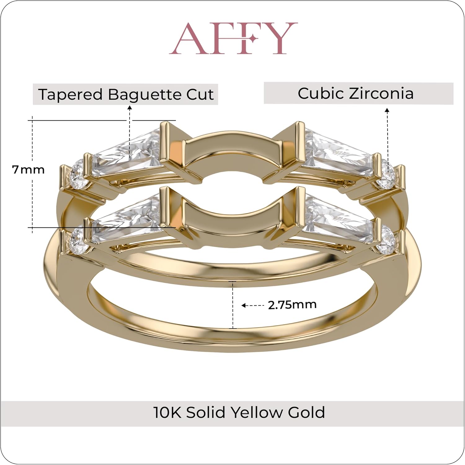 Tapered Baguette & Round Cut White Cubic Zirconia OR Lab Grown Diamond Curved Double Ring Enhancer Guard for Women in 10K or 14K Solid Gold, Bridal Wedding Band Wrap for Engagement Ring Jewelry for Her