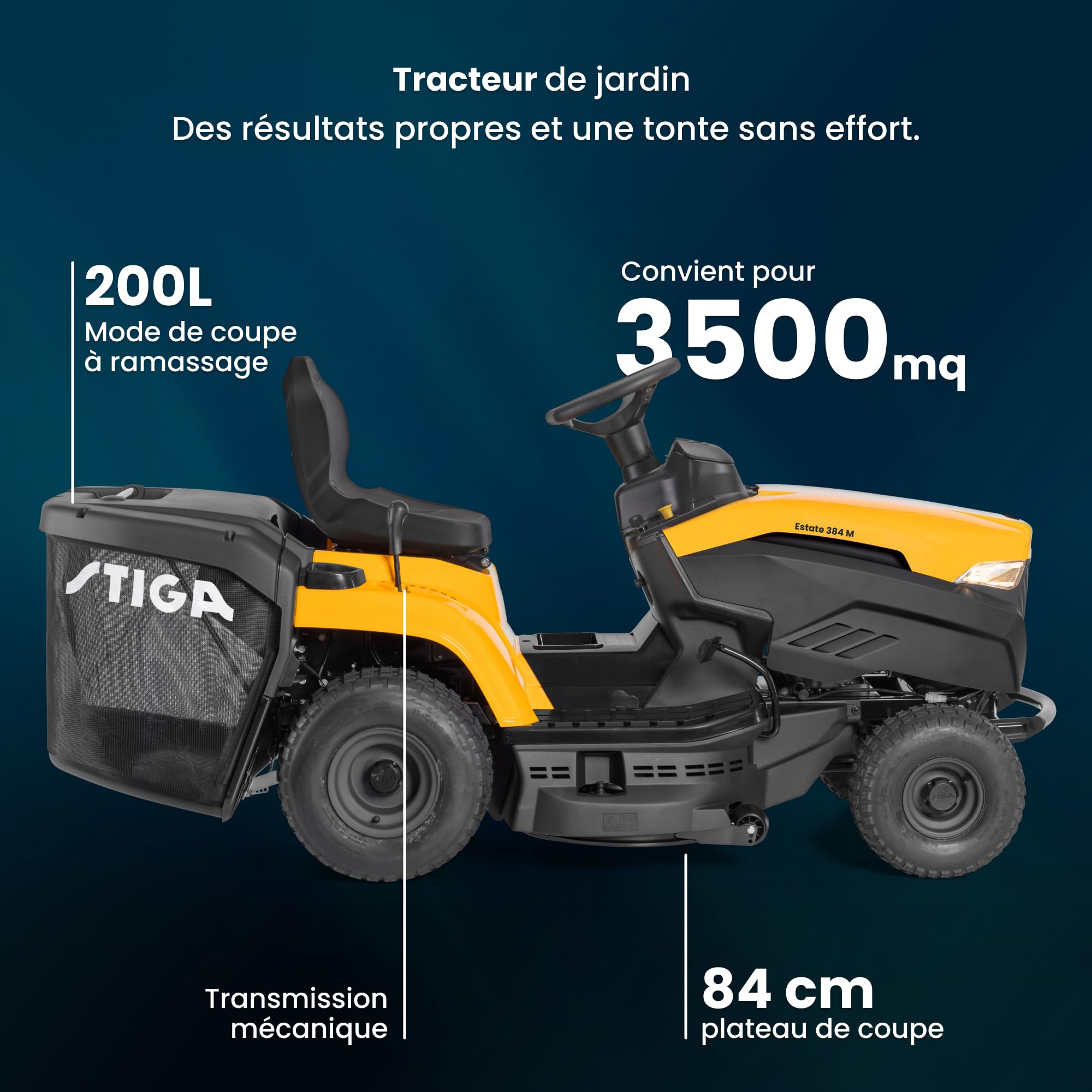 STIGA Estate 384 M Tondeuse Thermique, 414 CC, 84 cm – Bac 200 l, Transmission Mécanique – Pelouses jusqu'à 3 500 m²