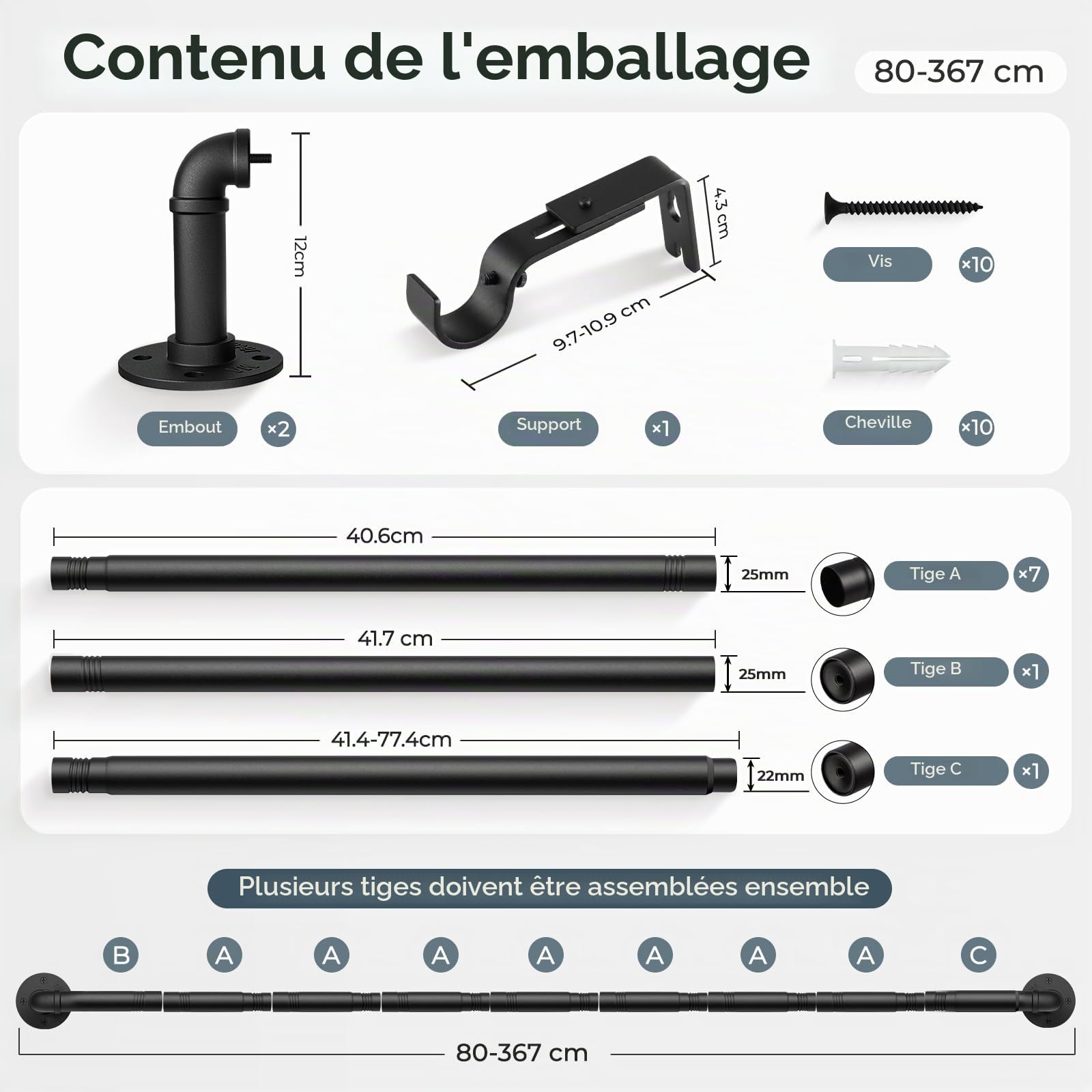Tringle à rideaux pour rideaux à œillets, 80-367 cm, Noire, Tringle en métal 25 mm de diamètre, Réglable, Style industriel, Rails de rideaux intérieur/extérieur pour chambre à coucher, salon
