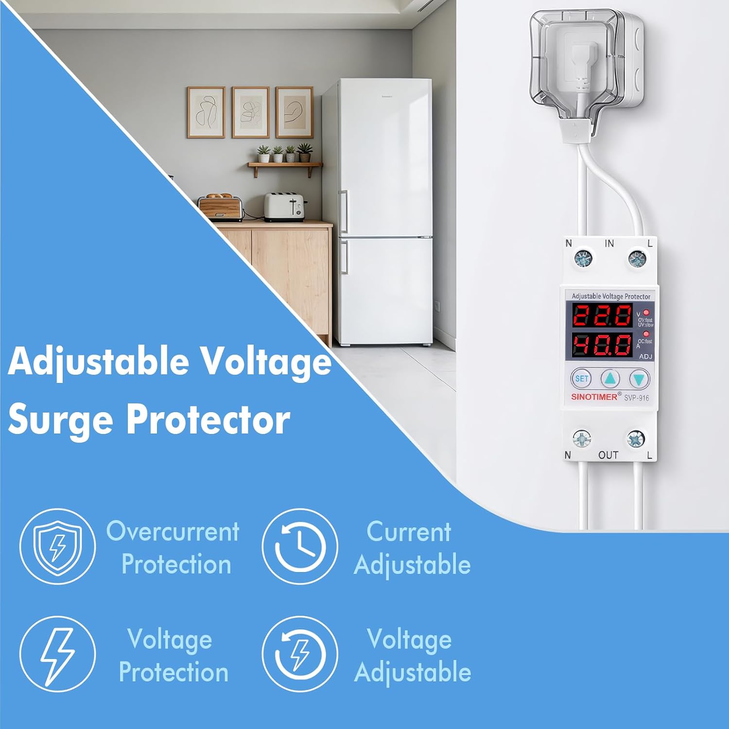 Adjustable Voltage Surge Protector 220VAC, 2 LED Displays, Overvoltage and Undervoltage Current Limit Relay, Smart Circuit Breaker AC Disconnect, 60Hz 40A with DIN Rail Mount