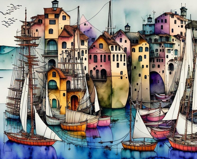 Art mural de port de mer avec bateaux pour salon lumineux SERENDIPITP