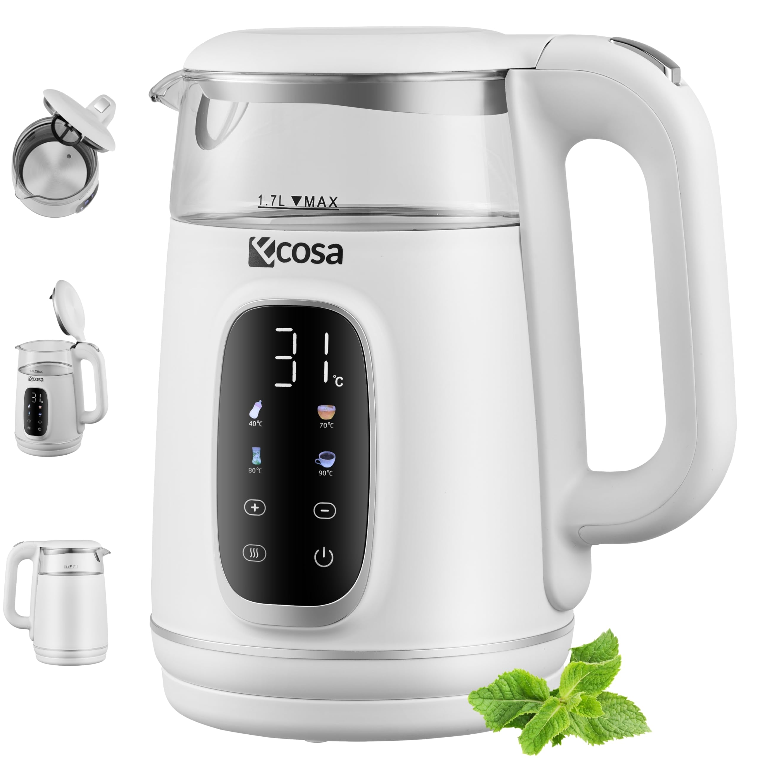 Ecosa Czajnik elektryczny z regulacją temperatury, szkło, stal szlachetna, zaparzacz do herbaty, 1,7 l, 2200 W, bez BPA, z wyborem temperatury 40°C – 100 °C – funkcja utrzymania ciepła LED (Woldo