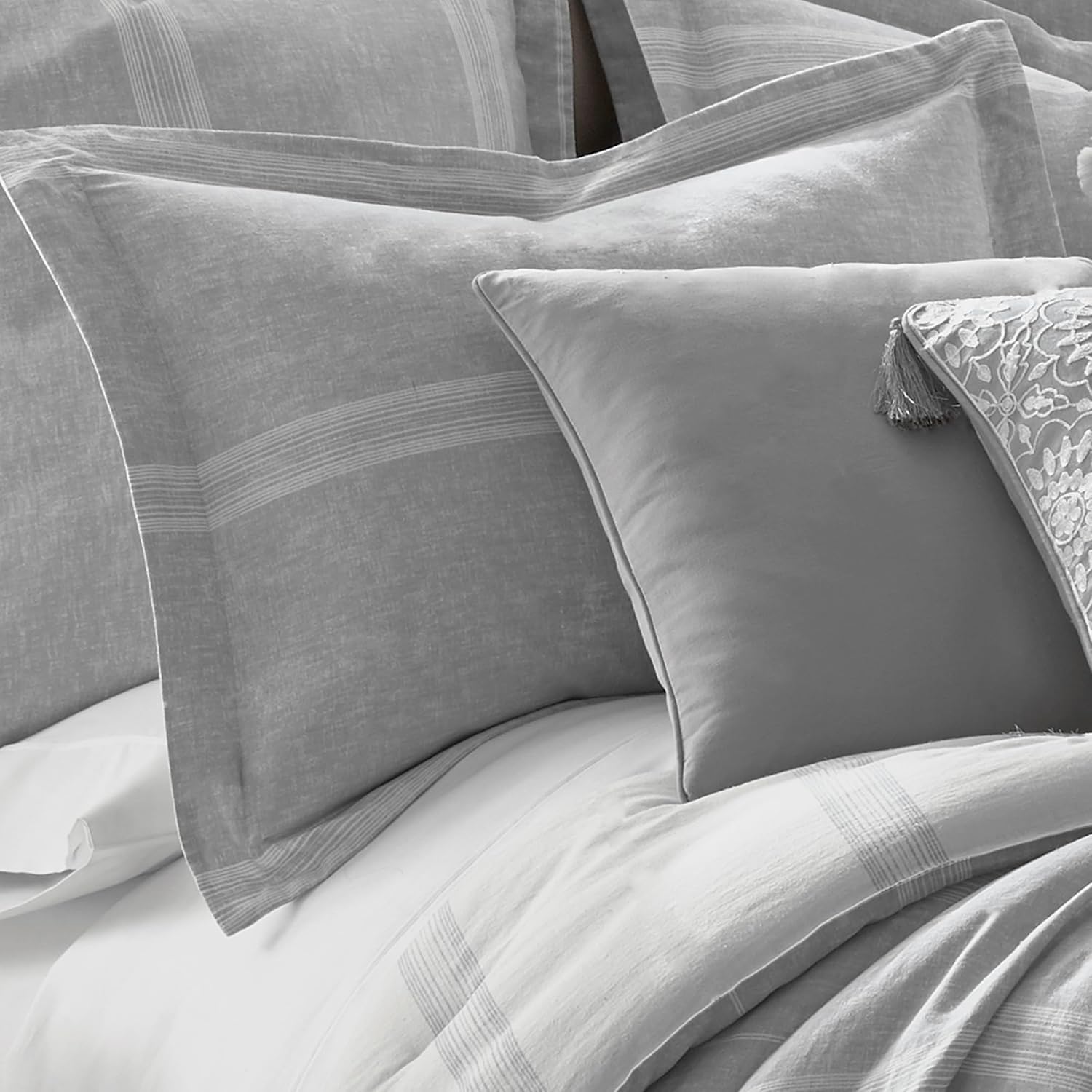 Washed Linen/Cotton Grey Stripe King Sham w/Flange