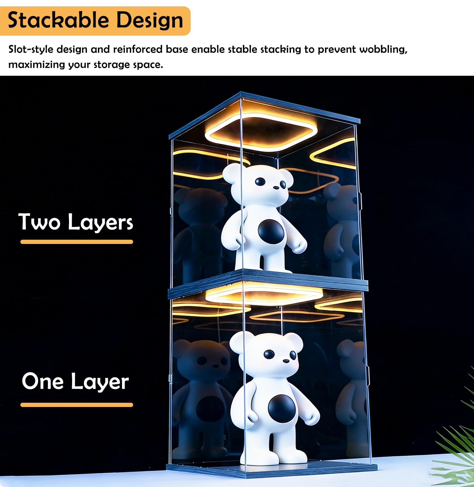 Custodia acrilica a LED nera 31x16x16in, vetrina trasparente con luce calda e base in legno robusto per oggetti da collezione, statuette, giocattoli, organizzatore di protezione della polvere di Diora