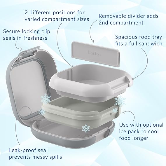 Bentgo Chill Mini Leak-Proof 3 or 4 Compartment Lunch Box | Built-In Ice Pack Keeps Food Cold, 2.7-Cup Capacity for Snacks or Sandwich, PFAS & BPA-Free, Adults & Kids 3+ (Crisp Grays)