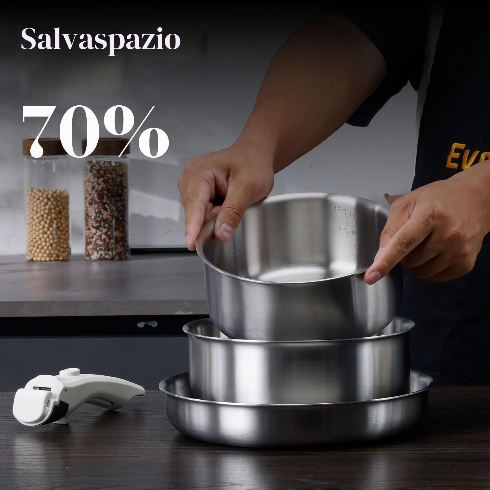 Set di pentole in acciaio inox, 14 pezzi, con manici rimovibili, padella da 24 cm, pentola da 18/20 cm, impilabile, adatto a tutti i tipi di piano cottura (argento)