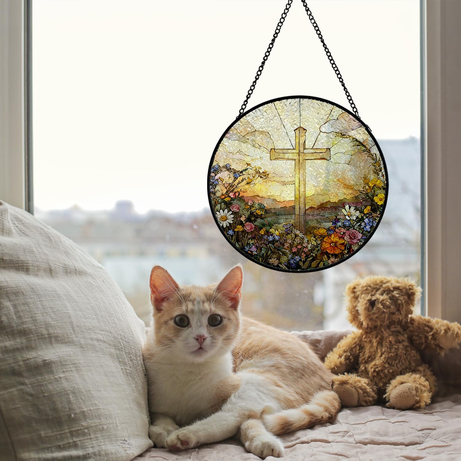 Christian Cross Flower Stained Glass Window Hanging, Wildflower Religious Cross Suncatcher Indoor Window Glass Round Wall Art Decor, 7.9x7.9 Inch