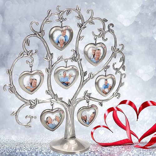 Miniatura 4 de LASODY Árbol genealógico de plata antigua con 7 marcos de fotos colgantes, decoración de marco de fotos de mesa de metal