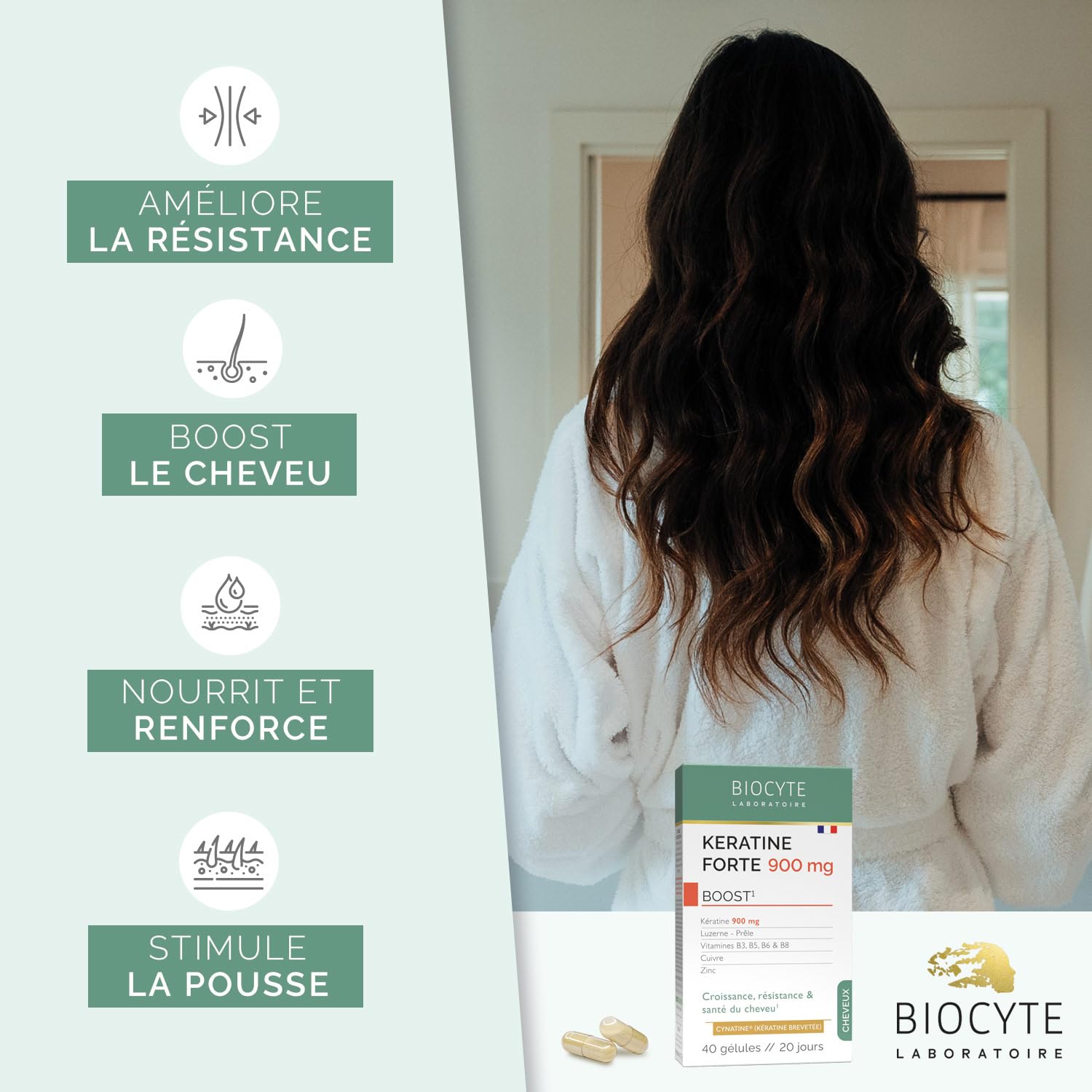 BIOCYTE Kératine Forte 900mg - Croissance, Résistance & Santé Des Cheveux - Biotine, Vitamine B6, Zinc, Prêle, Luzerne - Complément Alimentaire Cheveux - Programme 20 Jours