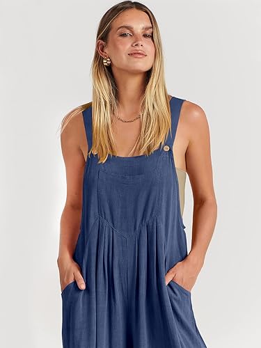 Miniatura 9 de ANRABESS - Overol de verano para mujer, diseño de lino informal de pierna ancha, sin mangas, con tirantes