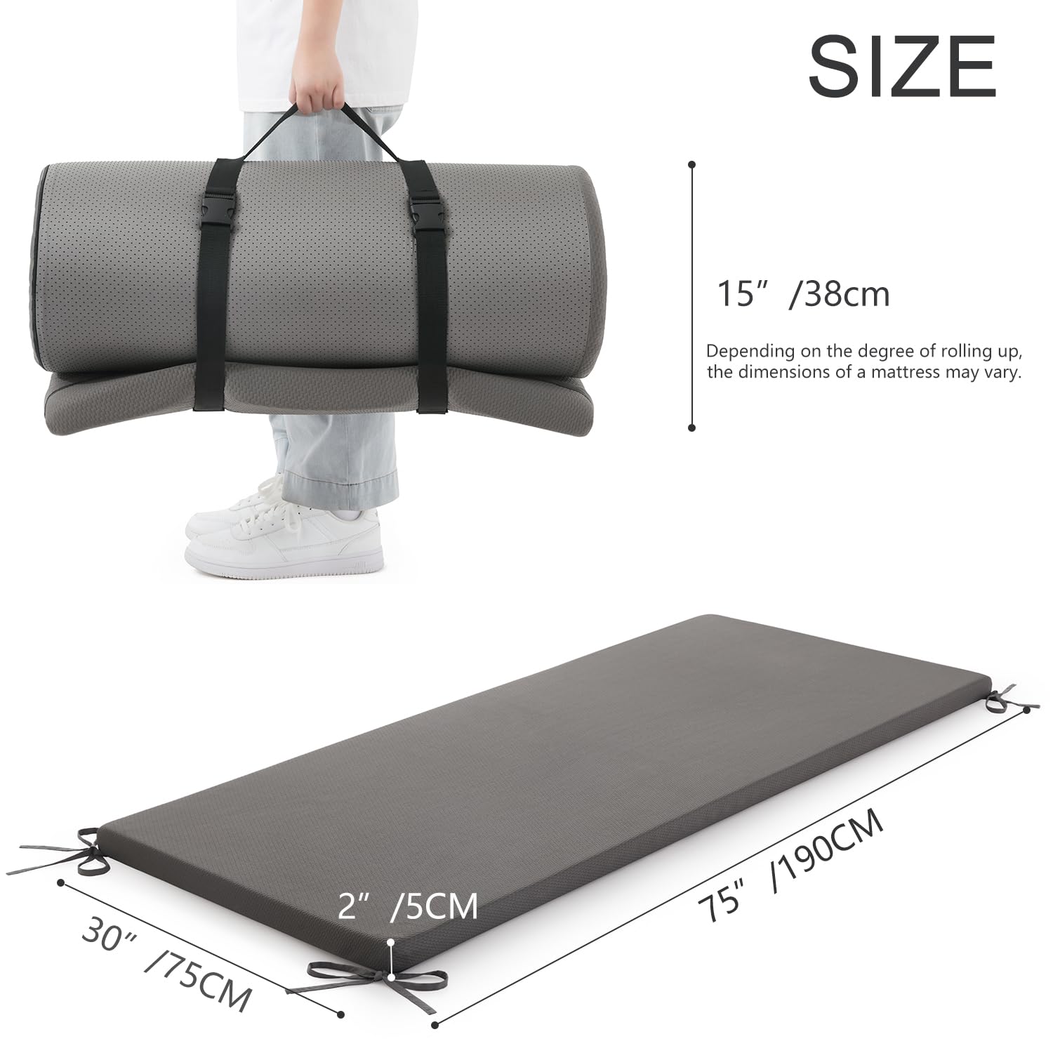 Jamdok Schaumstoff-Matratzenauflage für Campingbett, Automatratze, Sofa, aufrollbare Bodenmatte, faltbare Schlafmatte, tragbar, Grau (190 x 75 x 5 cm)