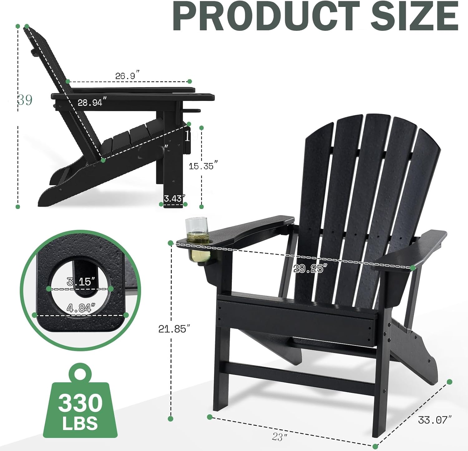 Folding Adirondack Outdoor Chairs HDPE Plastic Chair All Weather Cup Holder Black for Deck Backyard Patio Outdoor Garden