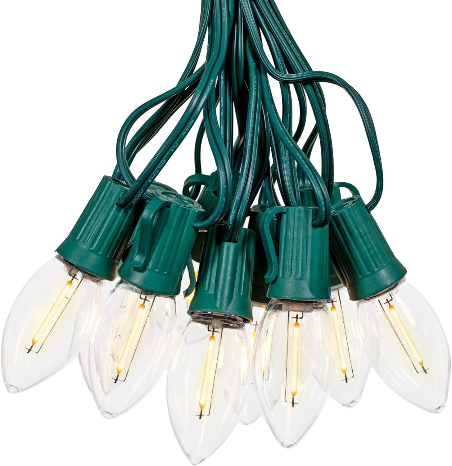 Novelty Lights 25 Ft Vintage LED C9 Warm White Transparent Christmas String Lights – 25 Shatterproof Plastic Bulbs, 12" Spacing Green Wire, Classic Filament Glow, Indoor Outdoor Holiday Lighting Transparent Warm White