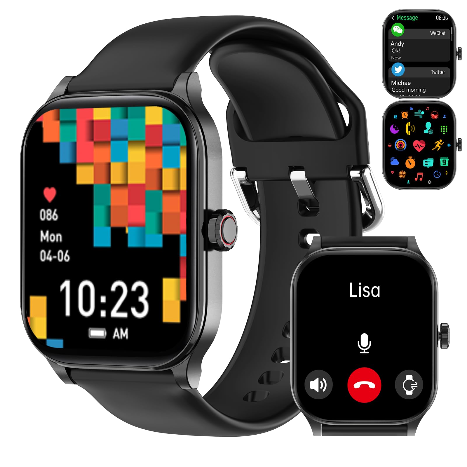 OdsslgwSmart Watch for Women Men(Answer/Make Call), Smartwatches with Heart Rate/SpO2/Sleep/Stress Monitor, IP68 Waterproof Activity Tracker for Android iPhone, 100+ Sports Fitness Watches (Black, 1.85“)