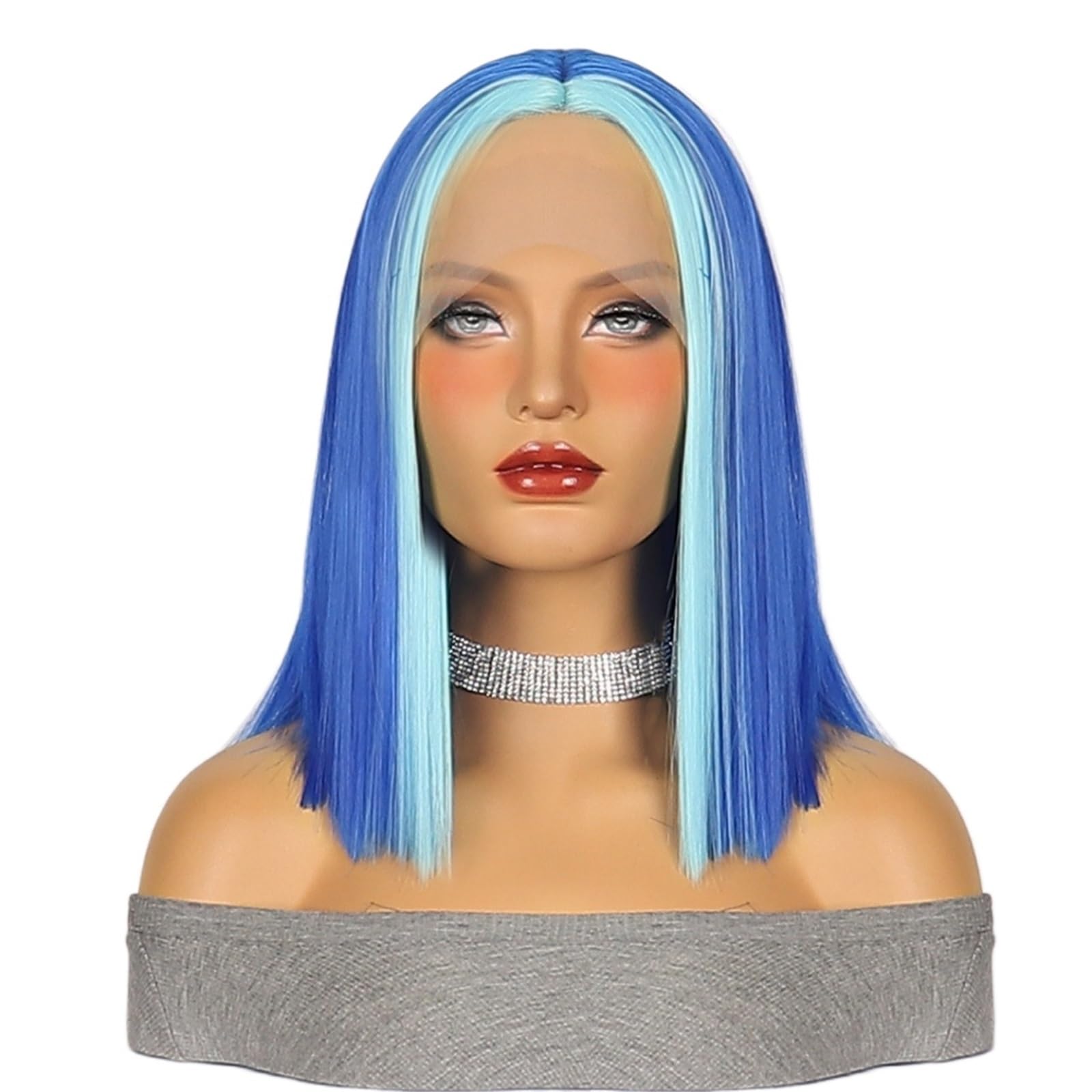 ZTHYSHOZ Women's Wig Blue Mid Split Short Straight Hair Wig Headband For Natural Styling