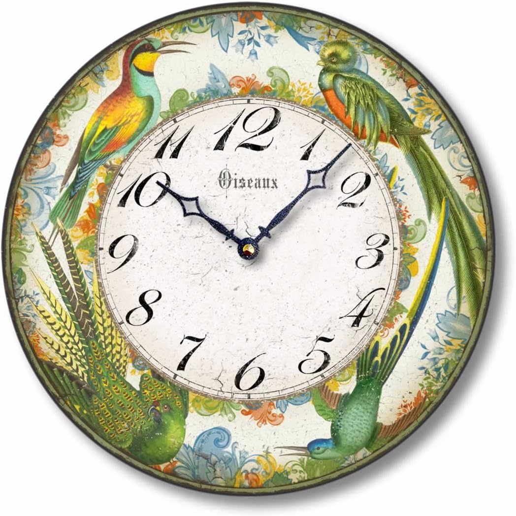 Item C8215 Vintage Style 12 Inch Exotic Birds Wall Clock