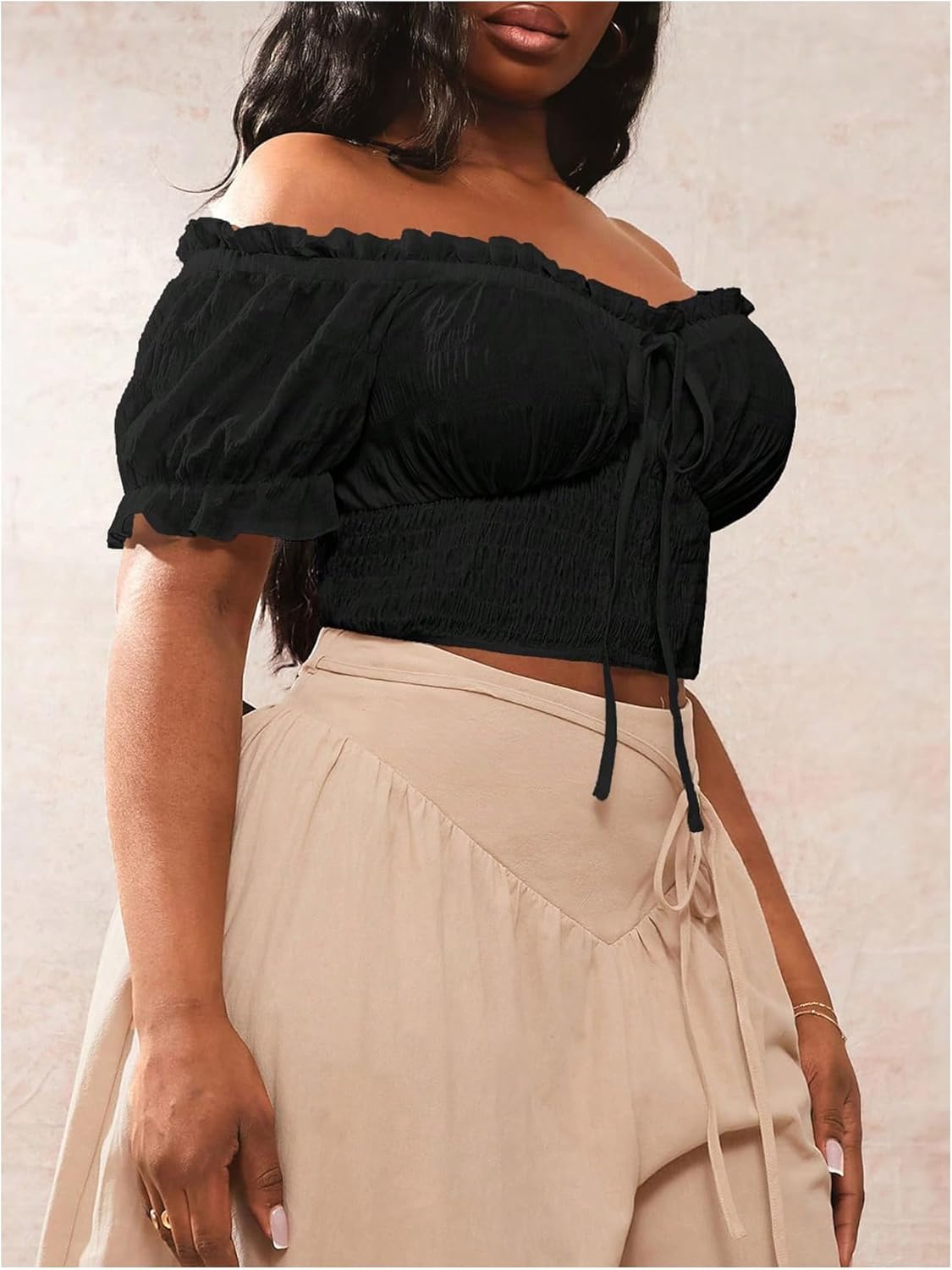 Verdusa Women's Plus Size Off The Shoulder Tops Tie Front Short Sleeve Crop Shirts - Image 3