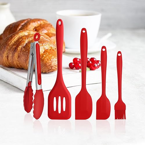 Paquete de 4 espátulas de silicona + pinzas para asar, espátula de goma de alta resistencia al calor, alta calidad, sin BPA, diseño sin costuras,