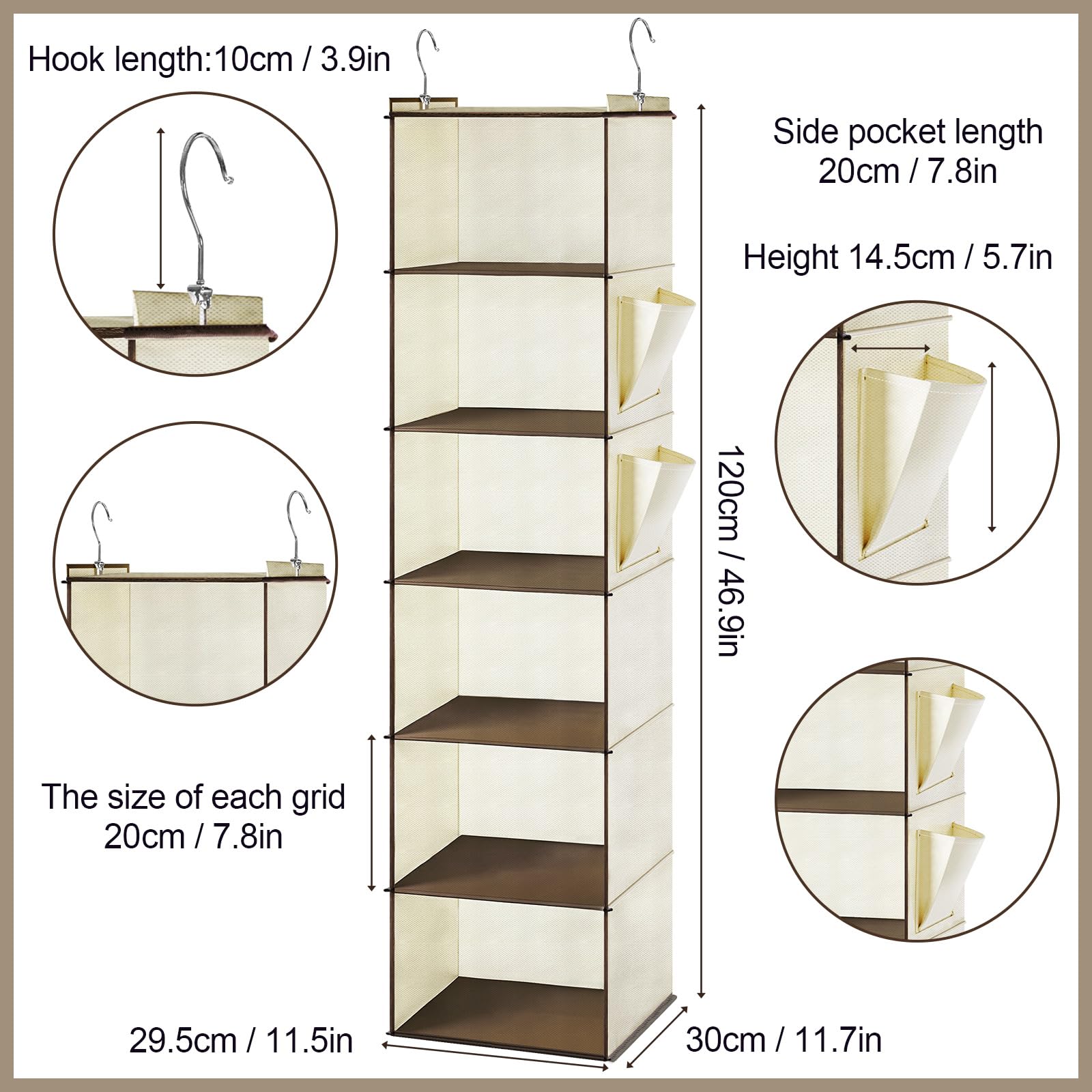 Leinuosen Regal mit 6 Etagen, Hängeregale für Schrank mit 2 stabilen Haken zur Aufbewahrung, für Wohnheim, 3 Stück, faltbar (Beige)