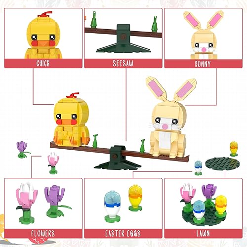 Miniatura 4 de Nubee Juego de construcción de conejito de Pascua y pollito, lindo conejo de pollo sentado en la sierra transparente, perfecto para cesta de Pascua,