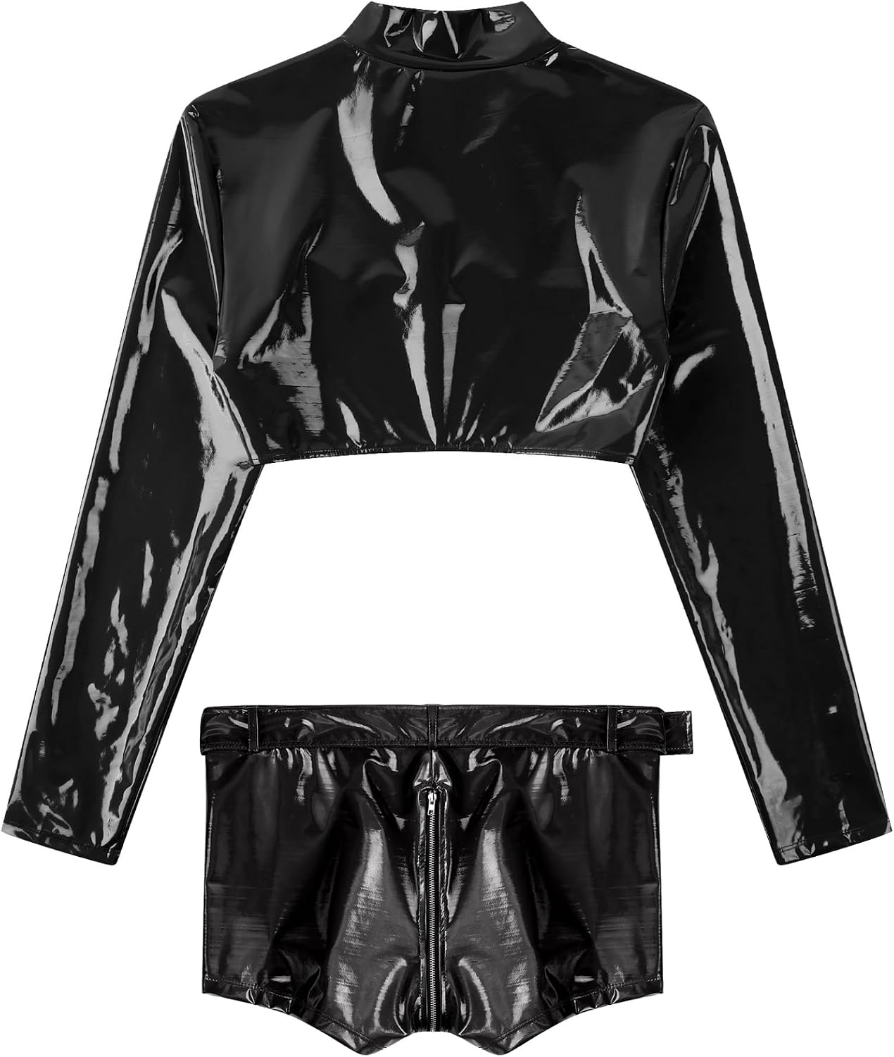 Linjinx Men's 2 Piece Wet Look Patent Leather Outfits Long Sleeve Crop Top with Boxer Shorts