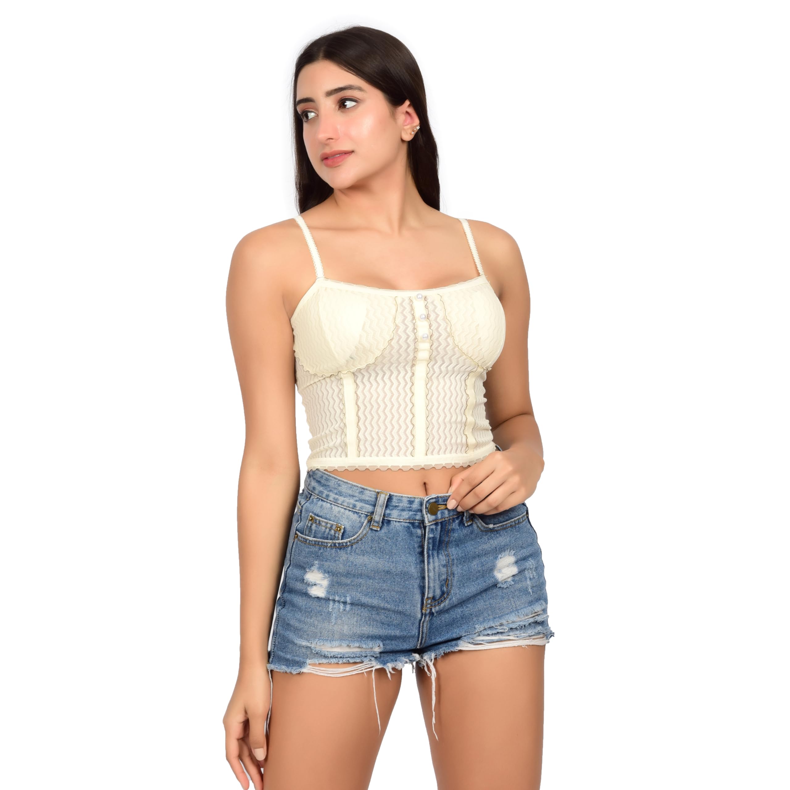 bare dezire Women's Stylish Printed Lightly Padded Wireless Sleeveless Tank Top for Women I Casual Sleeveless Longline Wirefree Full Coverage Cami Top - Beige, Size - S 3