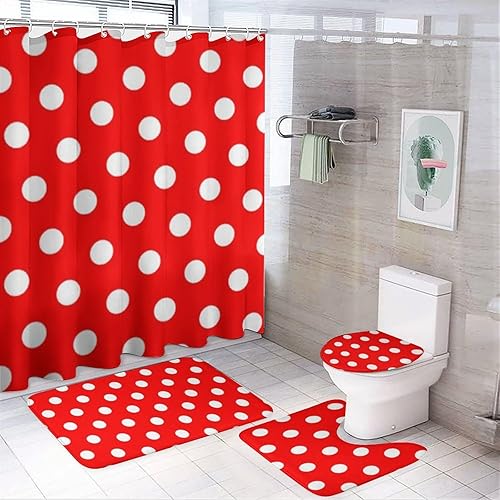 Miniatura 9 de Juego de cortinas de ducha de lunares rojos y blancos, 60 x 72 pulgadas, impermeables, lavables, cortinas de baño con 12 ganchos