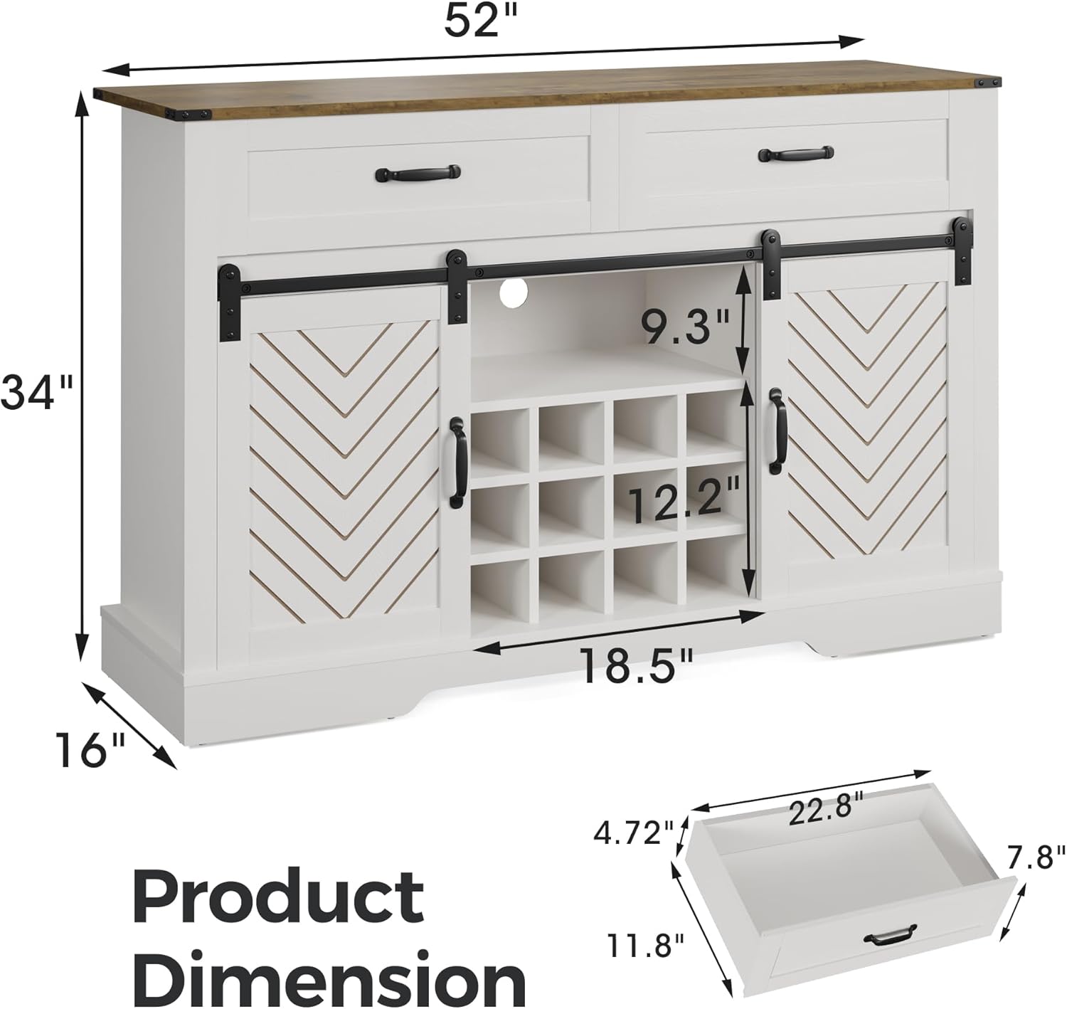 Product dimensions of the RoyalCraft Farmhouse Buffet Cabinet