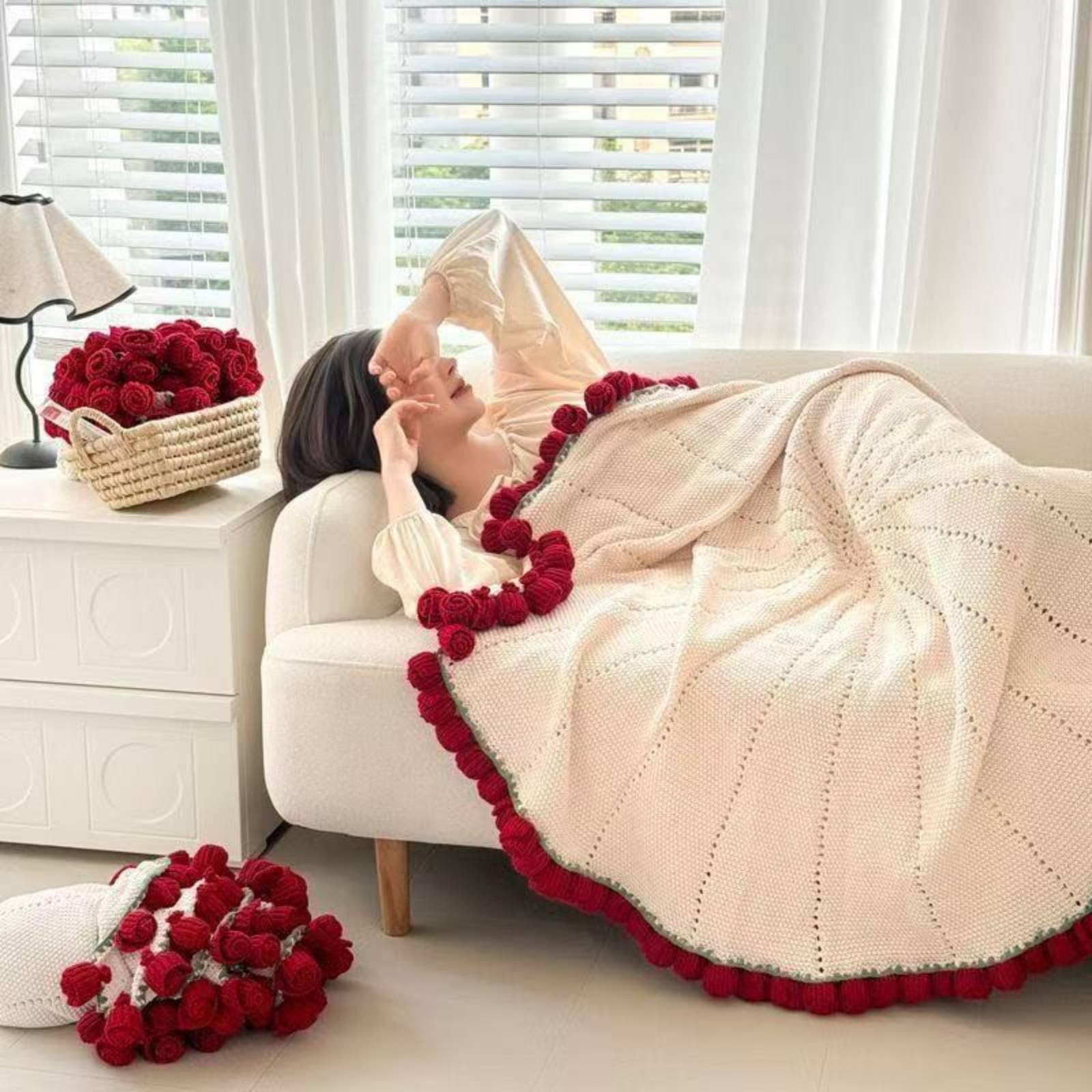 Manta Ramo de Flores Multiusos Manta de Punto con Rosas 3D Suave y Transpirable Cubrecama Floral Tejida para Dormitorio, Rosa, Caja+Regalo+22+Flores